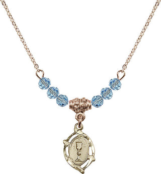 18" Hamilton Gold Plated Necklace with 4mm Aqua Crystal Beads featuring a 14kt Gold Filled Communion Medal.