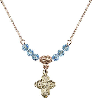18" Hamilton Gold Plated Necklace with 4mm Aqua Crystal Beads featuring a 14kt Gold Filled 4-Way Medal.