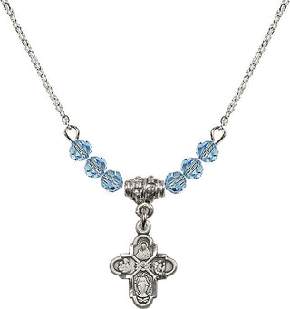 18" Rhodium Plated Necklace with 4mm Aqua Crystal Beads featuring a Sterling Silver 4-Way Medal.