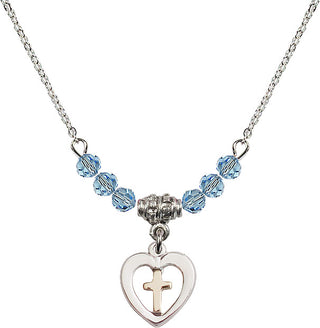 18" Rhodium Plated Necklace with 4mm Aqua Crystal Beads featuring a Gold Filled / Sterling Silver Heart / Cross Medal.