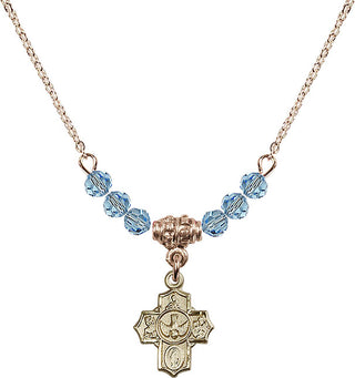 18" Hamilton Gold Plated Necklace with 4mm Aqua Crystal Beads featuring a 14kt Gold Filled 5-Way Medal.