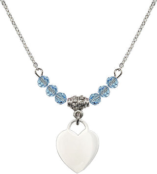 18" Rhodium Plated Necklace with 4mm Aqua Crystal Beads featuring a Sterling Silver Heart Medal. Engraved Catholic Saint Jewelry