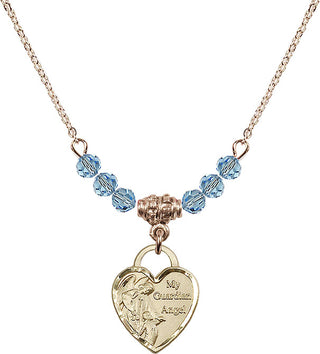 18" Hamilton Gold Plated Necklace with 4mm Aqua Crystal Beads featuring a 14kt Gold Filled Guardian Angel Heart Medal. Engraved Catholic Saint Jewelry