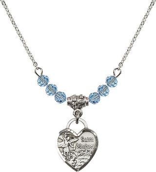 18" Rhodium Plated Necklace with 4mm Aqua Crystal Beads featuring a Sterling Silver Saint Michael Heart Medal. Engraved Catholic Saint Jewelry