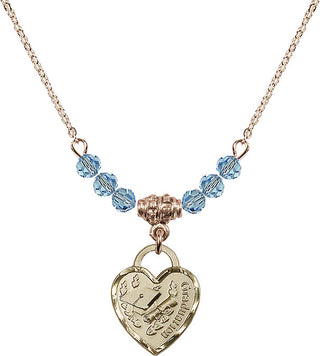 18" Hamilton Gold Plated Necklace with 4mm Aqua Crystal Beads featuring a 14kt Gold Filled Graduation Heart Medal. Engraved Catholic Saint Jewelry