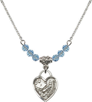 18" Rhodium Plated Necklace with 4mm Aqua Crystal Beads featuring a Sterling Silver Graduation Heart Medal. Engraved Catholic Saint Jewelry