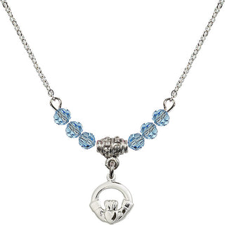 18" Rhodium Plated Necklace with 4mm Aqua Crystal Beads featuring a Sterling Silver Claddagh Medal.