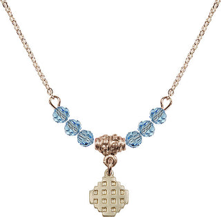 18" Hamilton Gold Plated Necklace with 4mm Aqua Crystal Beads featuring a 14kt Gold Filled Jerusalem Cross Medal.