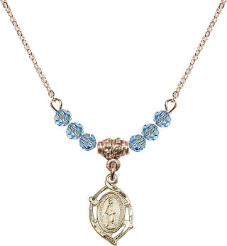18" Hamilton Gold Plated Necklace with 4mm Aqua Crystal Beads featuring a 14kt Gold Filled Miraculous Medal.