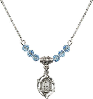 18" Rhodium Plated Necklace with 4mm Aqua Crystal Beads featuring a Sterling Silver Miraculous Medal.