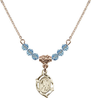 18" Hamilton Gold Plated Necklace with 4mm Aqua Crystal Beads featuring a 14kt Gold Filled Guardian Angel Medal.