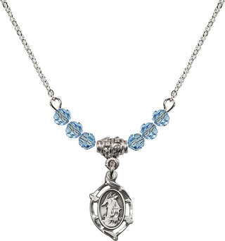 18" Rhodium Plated Necklace with 4mm Aqua Crystal Beads featuring a Sterling Silver Guardian Angel Medal.