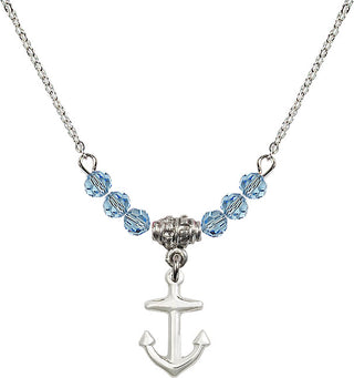 18" Rhodium Plated Necklace with 4mm Aqua Crystal Beads featuring a Sterling Silver Anchor Medal.