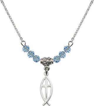 18" Rhodium Plated Necklace with 4mm Aqua Crystal Beads featuring a Sterling Silver Fish / Cross Medal.