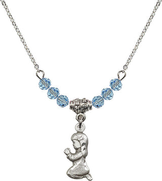 18" Rhodium Plated Necklace with 4mm Aqua Crystal Beads featuring a Sterling Silver Praying Girl Medal.