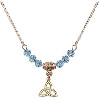 18" Hamilton Gold Plated Necklace with 4mm Aqua Crystal Beads featuring a 14kt Gold Filled Trinity Irish Knot Medal.