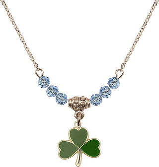 18" Hamilton Gold Plated Necklace with 4mm Aqua Crystal Beads featuring a 14kt Gold Filled Shamrock Medal.