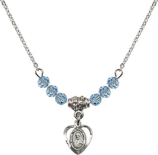 18" Rhodium Plated Necklace with 4mm Aqua Crystal Beads featuring a Sterling Silver Scapular Medal.