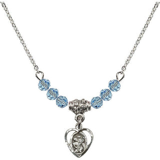 18" Rhodium Plated Necklace with 4mm Aqua Crystal Beads featuring a Sterling Silver Saint Christopher Medal. Engraved Catholic Saint Jewelry
