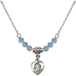 18" Rhodium Plated Necklace with 4mm Aqua Crystal Beads featuring a Sterling Silver Guardian Angel Medal. Engraved Catholic Saint Jewelry