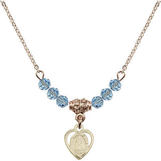 18" Hamilton Gold Plated Necklace with 4mm Aqua Crystal Beads featuring a 14kt Gold Filled Infant Medal. Engraved Catholic Saint Jewelry
