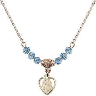 18" Hamilton Gold Plated Necklace with 4mm Aqua Crystal Beads featuring a 14kt Gold Filled Saint Ann Medal. Engraved Catholic Saint Jewelry