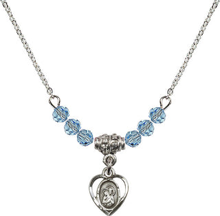 18" Rhodium Plated Necklace with 4mm Aqua Crystal Beads featuring a Sterling Silver Saint Ann Medal. Engraved Catholic Saint Jewelry