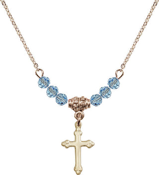 18" Hamilton Gold Plated Necklace with 4mm Aqua Crystal Beads featuring a 14kt Gold Filled Cross Medal.