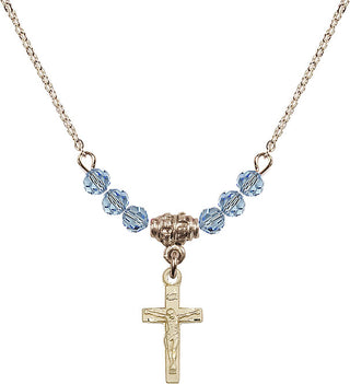 18" Hamilton Gold Plated Necklace with 4mm Aqua Crystal Beads featuring a 14kt Gold Filled Crucifix Medal.