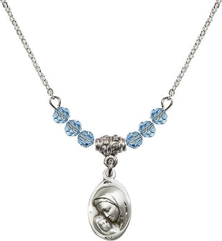 18" Rhodium Plated Necklace with 4mm Aqua Crystal Beads featuring a Sterling Silver Madonna & Child Medal.