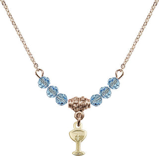 18" Hamilton Gold Plated Necklace with 4mm Aqua Crystal Beads featuring a 14kt Gold Filled Chalice Medal.