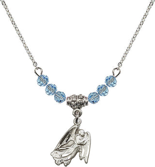 18" Rhodium Plated Necklace with 4mm Aqua Crystal Beads featuring a Sterling Silver Guardian Angel Medal.