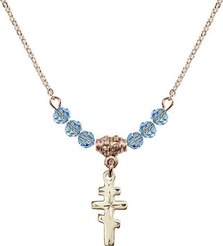 18" Hamilton Gold Plated Necklace with 4mm Aqua Crystal Beads featuring a 14kt Gold Filled Greek Orthadox Cross Medal.