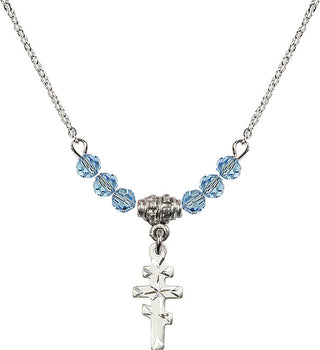 18" Rhodium Plated Necklace with 4mm Aqua Crystal Beads featuring a Sterling Silver Greek Orthadox Cross Medal.