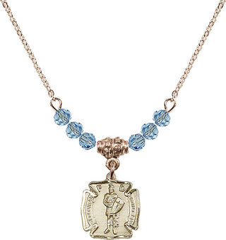 18" Hamilton Gold Plated Necklace with 4mm Aqua Crystal Beads featuring a 14kt Gold Filled Saint Florian Medal. Engraved Catholic Saint Jewelry