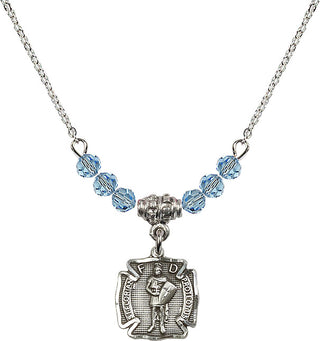 18" Rhodium Plated Necklace with 4mm Aqua Crystal Beads featuring a Sterling Silver Saint Florian Medal. Engraved Catholic Saint Jewelry