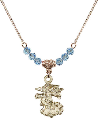 18" Hamilton Gold Plated Necklace with 4mm Aqua Crystal Beads featuring a 14kt Gold Filled Saint Michael the Archangel Medal.