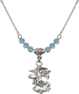 18" Rhodium Plated Necklace with 4mm Aqua Crystal Beads featuring a Sterling Silver Saint Michael the Archangel Medal.