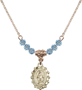 18" Hamilton Gold Plated Necklace with 4mm Aqua Crystal Beads featuring a 14kt Gold Filled Miraculous Medal.