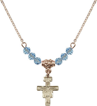 18" Hamilton Gold Plated Necklace with 4mm Aqua Crystal Beads featuring a 14kt Gold Filled San Damiano Crucifix Medal.