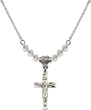 18" Rhodium Plated Necklace with 4mm Crystal Beads featuring a Sterling Silver Crucifix Medal.
