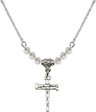 18" Rhodium Plated Necklace with 4mm Crystal Beads featuring a Sterling Silver Nail Cross Medal.
