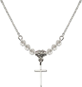 18" Rhodium Plated Necklace with 4mm Crystal Beads featuring a Sterling Silver Cross Medal.
