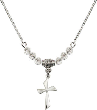 18" Rhodium Plated Necklace with 4mm Crystal Beads featuring a Sterling Silver Cross Medal.