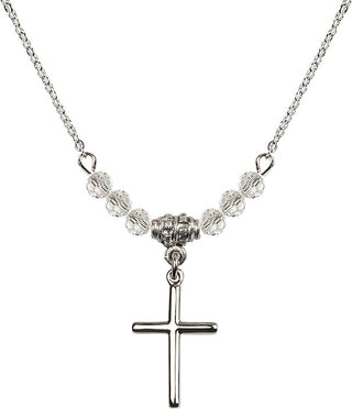 18" Rhodium Plated Necklace with 4mm Crystal Beads featuring a Sterling Silver Cross Medal.