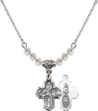 18" Rhodium Plated Necklace with 4mm Crystal Beads featuring a Sterling Silver 4-Way Medal.