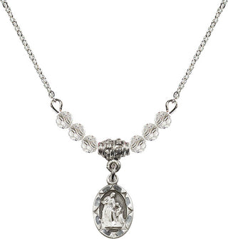 18" Rhodium Plated Necklace with 4mm Crystal Beads featuring a Sterling Silver Saint Ann Medal.