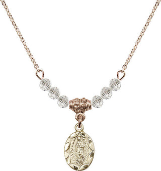 18" Hamilton Gold Plated Necklace with 4mm Crystal Beads featuring a 14kt Gold Filled Our Lady of Guadalupe Medal.