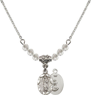 18" Rhodium Plated Necklace with 4mm Crystal Beads featuring a Sterling Silver Our Lady of Guadalupe Medal.