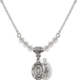 18" Rhodium Plated Necklace with 4mm Crystal Beads featuring a Sterling Silver Miraculous Medal.